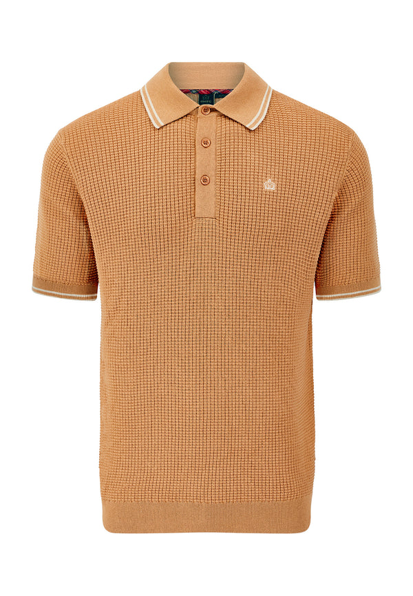 colour_Tan|Waffle Knitted Polo Shirt Front by Merc